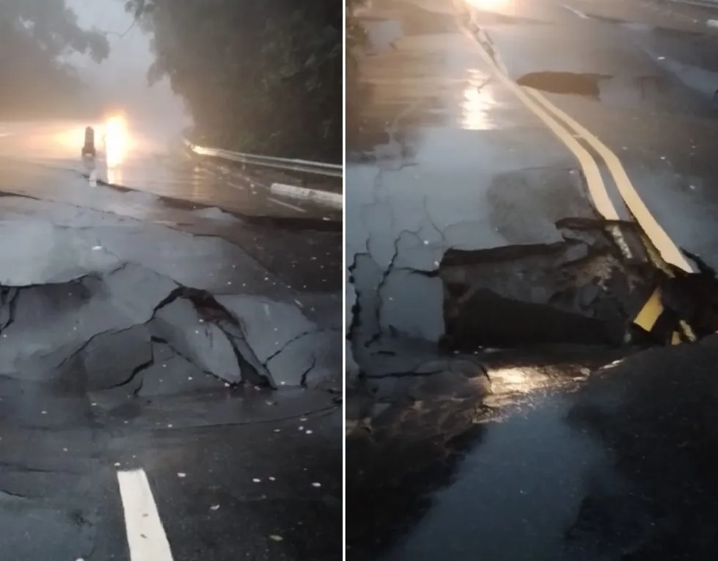Rodovia fica interditada após asfalto ceder devido a fortes chuvas que atingem a Baixada Santista — Foto: Aconteceu em Bertioga